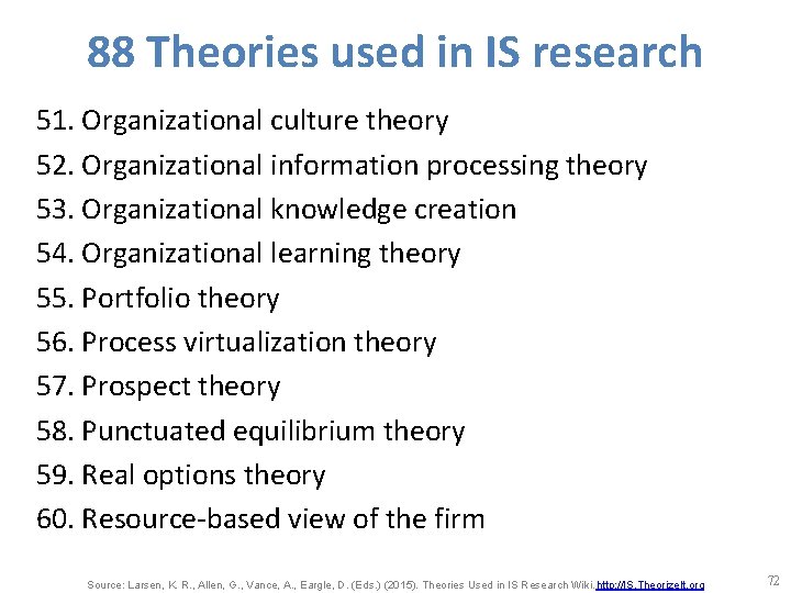 88 Theories used in IS research 51. Organizational culture theory 52. Organizational information processing