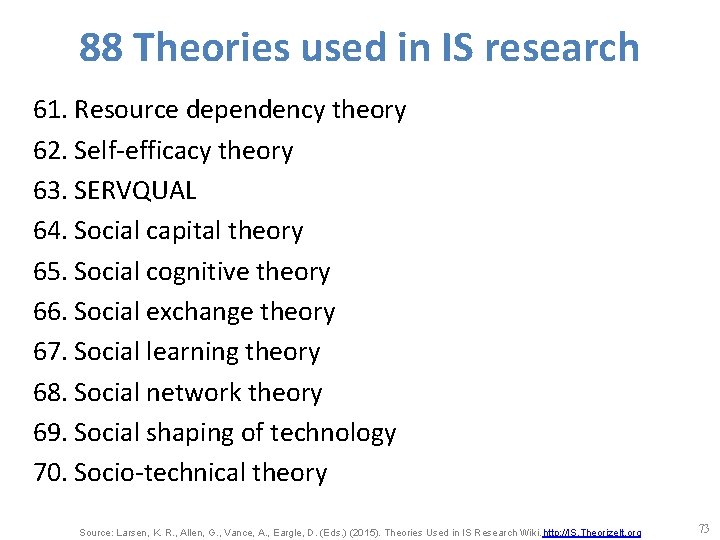 88 Theories used in IS research 61. Resource dependency theory 62. Self-efficacy theory 63.