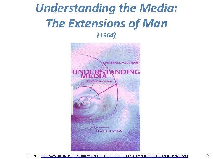 Understanding the Media: The Extensions of Man (1964) Source: http: //www. amazon. com/Understanding-Media-Extensions-Marshall-Mc. Luhan/dp/0262631598