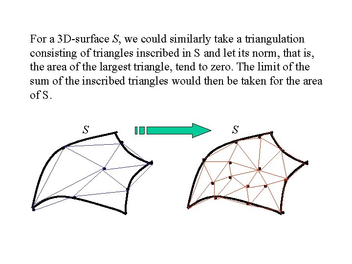 For a 3 D-surface S, we could similarly take a triangulation consisting of triangles For a 3 D-surface S, we could similarly take a triangulation consisting of triangles