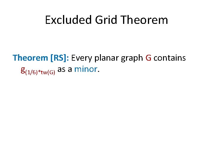 Excluded Grid Theorem [RS]: Every planar graph G contains g(1/6)*tw(G) as a minor. 