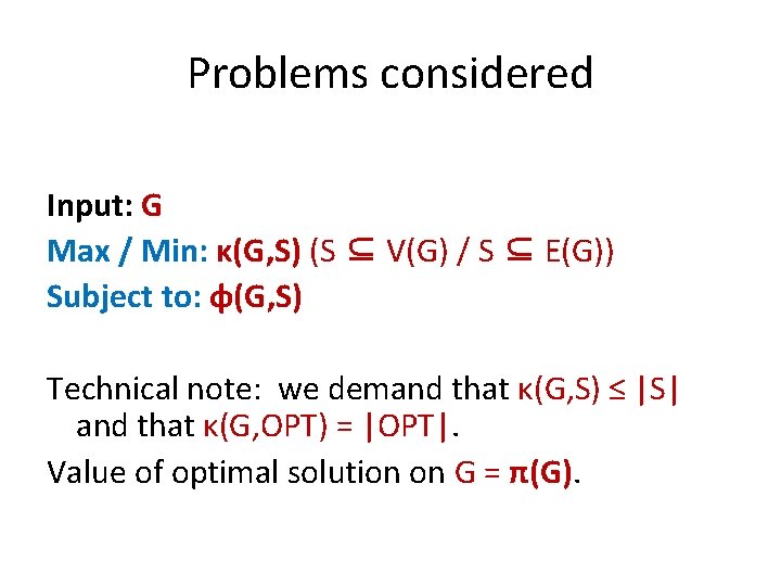 Problems considered Input: G Max / Min: κ(G, S) (S ⊆ V(G) / S