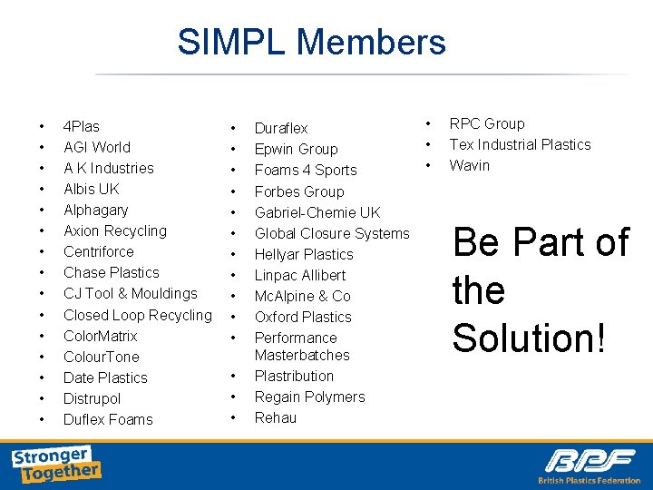 SIMPL Members • • • • 4 Plas AGI World A K Industries Albis