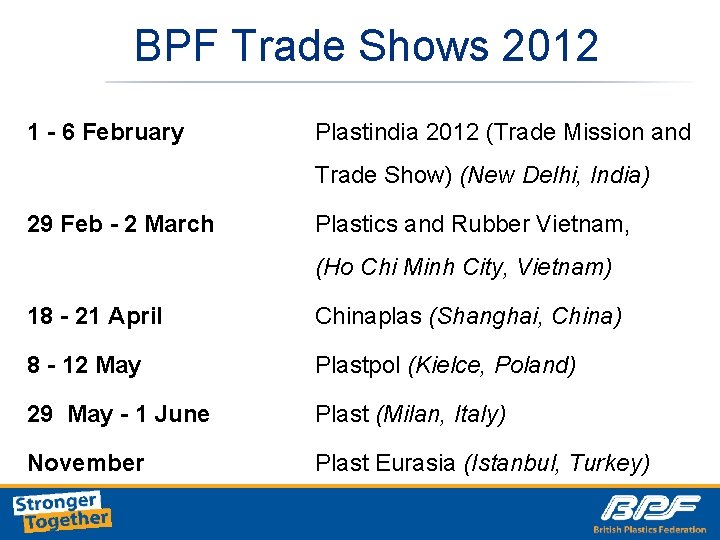 BPF Trade Shows 2012 1 - 6 February Plastindia 2012 (Trade Mission and Trade