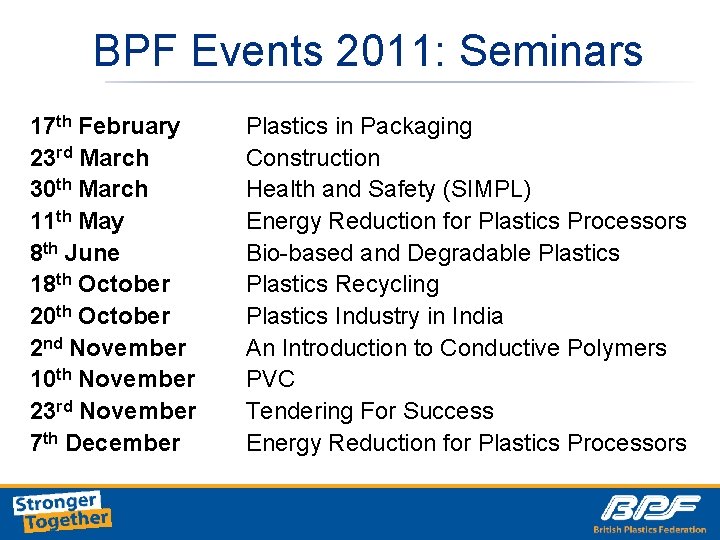 BPF Events 2011: Seminars 17 th February 23 rd March 30 th March 11