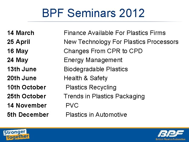BPF Seminars 2012 14 March 25 April 16 May 24 May 13 th June