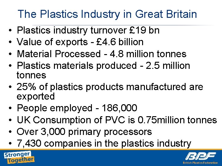 The Plastics Industry in Great Britain • • • Plastics industry turnover £ 19