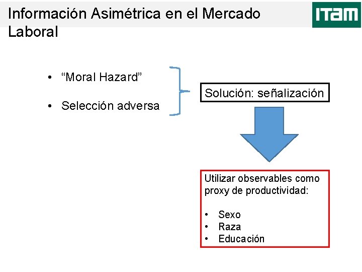 Información Asimétrica en el Mercado Laboral • “Moral Hazard” • Selección adversa Solución: señalización