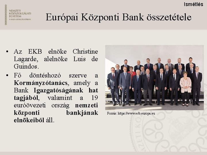 Ismétlés Európai Központi Bank összetétele • Az EKB elnöke Christine Lagarde, alelnöke Luis de