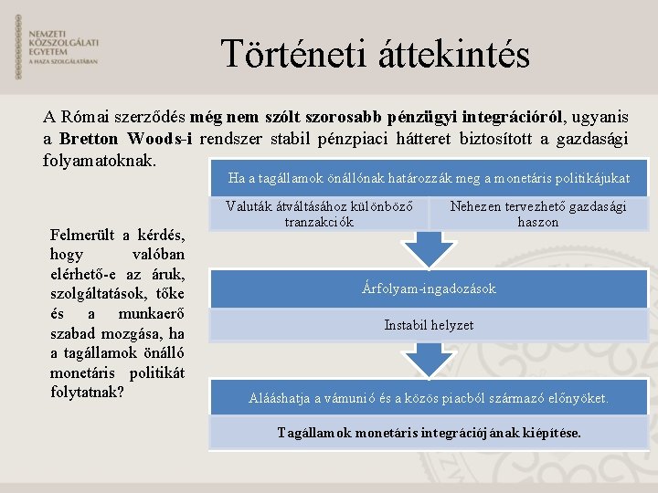 Történeti áttekintés A Római szerződés még nem szólt szorosabb pénzügyi integrációról, ugyanis a Bretton