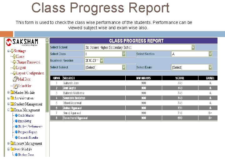 Class Progress Report This form is used to check the class wise performance of Class Progress Report This form is used to check the class wise performance of