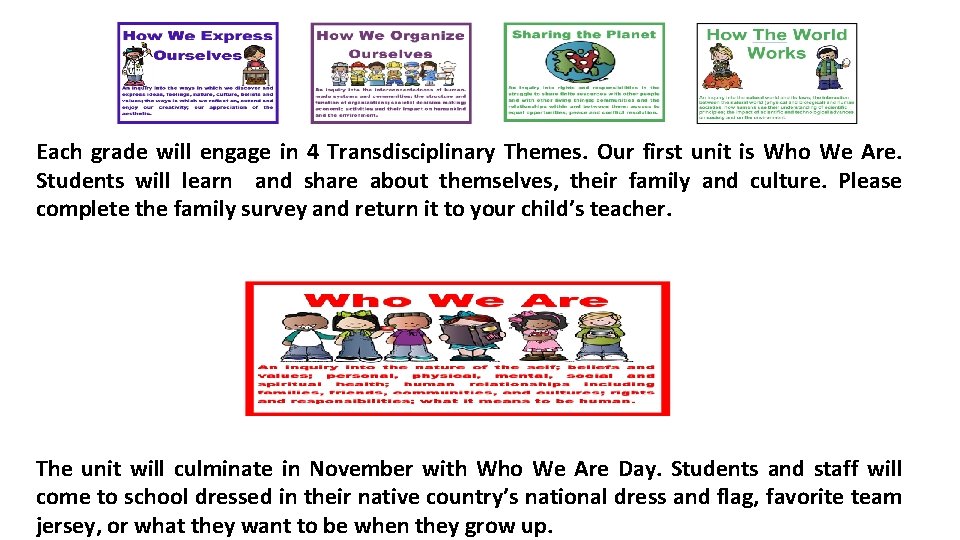 Each grade will engage in 4 Transdisciplinary Themes. Our first unit is Who We Each grade will engage in 4 Transdisciplinary Themes. Our first unit is Who We