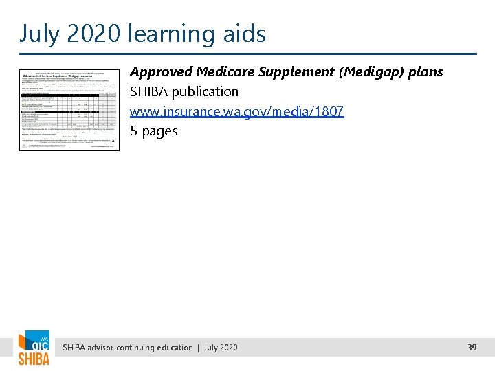 July 2020 learning aids Approved Medicare Supplement (Medigap) plans SHIBA publication www. insurance. wa.