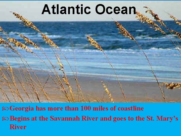 Atlantic Ocean Georgia has more than 100 miles of coastline Begins at the Savannah