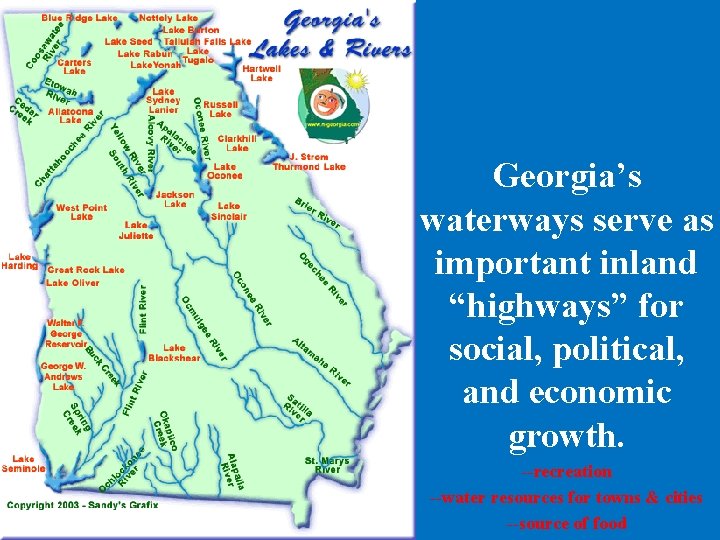 Georgia’s waterways serve as important inland “highways” for social, political, and economic growth. --recreation