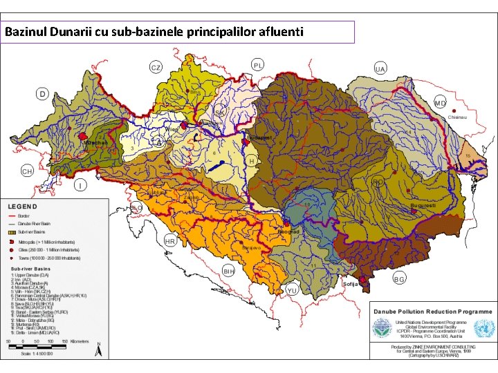 Bazinul Dunarii cu sub-bazinele principalilor afluenti 