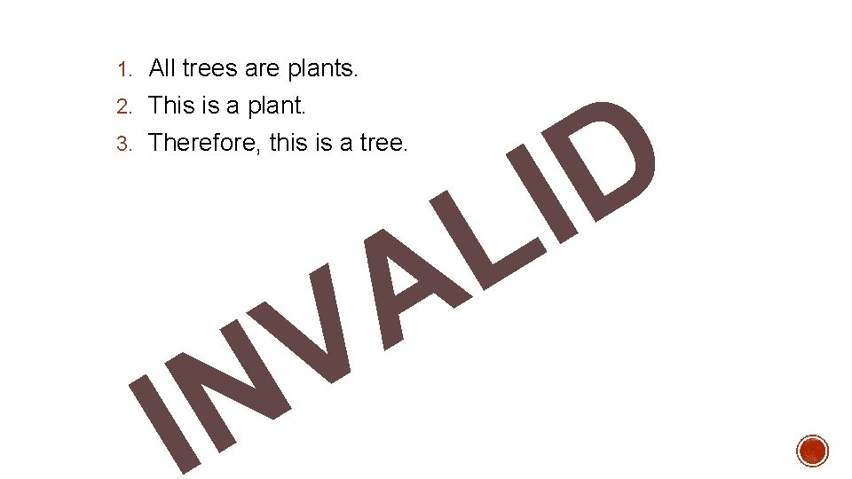 1. All trees are plants. 2. This is a plant. D I L A