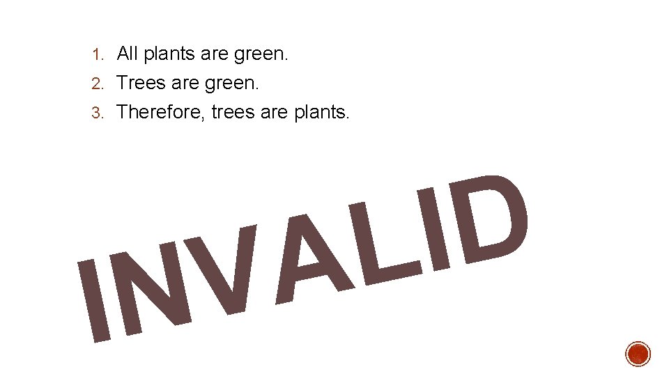 1. All plants are green. 2. Trees are green. 3. Therefore, trees are plants.