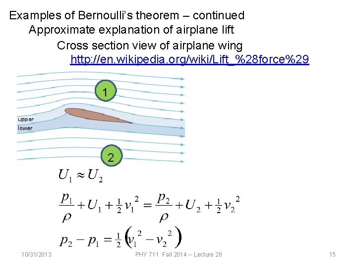 Examples of Bernoulli’s theorem – continued Approximate explanation of airplane lift Cross section view