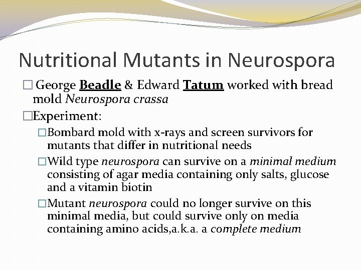 Nutritional Mutants in Neurospora � George Beadle & Edward Tatum worked with bread mold Nutritional Mutants in Neurospora � George Beadle & Edward Tatum worked with bread mold