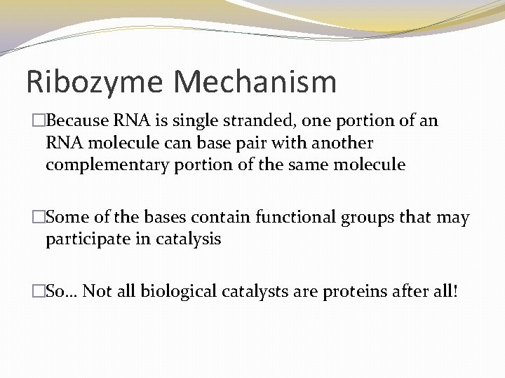 Ribozyme Mechanism �Because RNA is single stranded, one portion of an RNA molecule can Ribozyme Mechanism �Because RNA is single stranded, one portion of an RNA molecule can