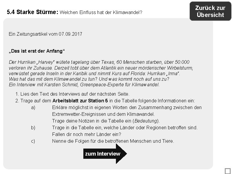 5. 4 Starke Stürme: Welchen Einfluss hat der Klimawandel? Zurück zur Übersicht Ein Zeitungsartikel