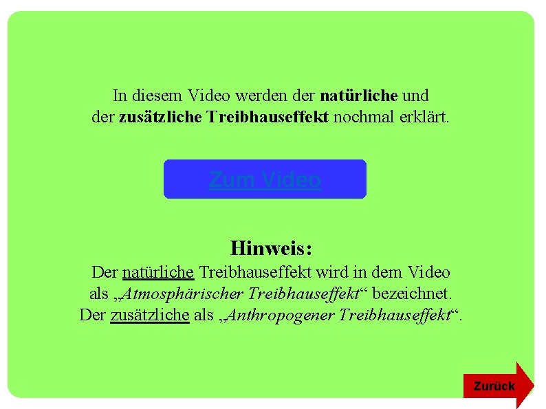 In diesem Video werden der natürliche und der zusätzliche Treibhauseffekt nochmal erklärt. Zum Video