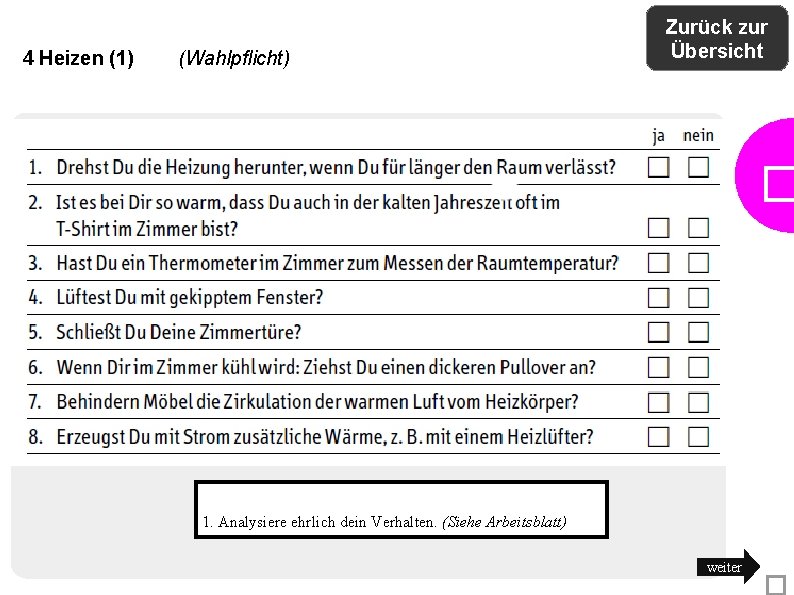 4 Heizen (1) (Wahlpflicht) Zurück zur Übersicht � 1. Analysiere ehrlich dein Verhalten. (Siehe