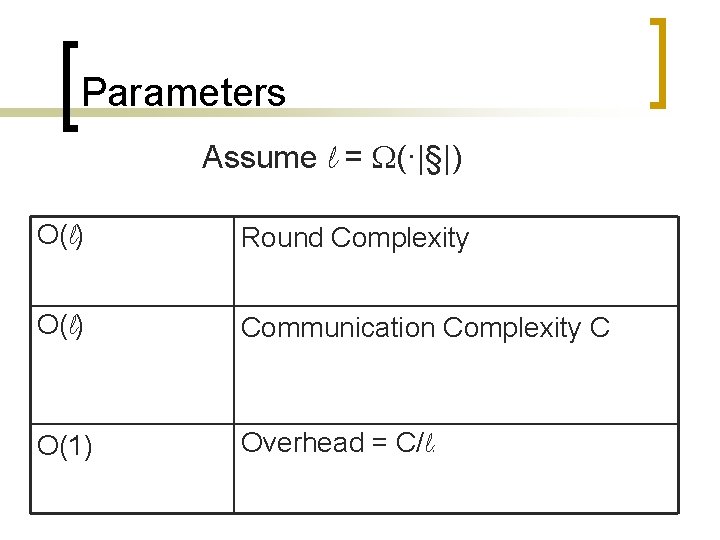 Parameters Assume l = (·|§|) O(l) Round Complexity O(l) Communication Complexity C O(1) Overhead