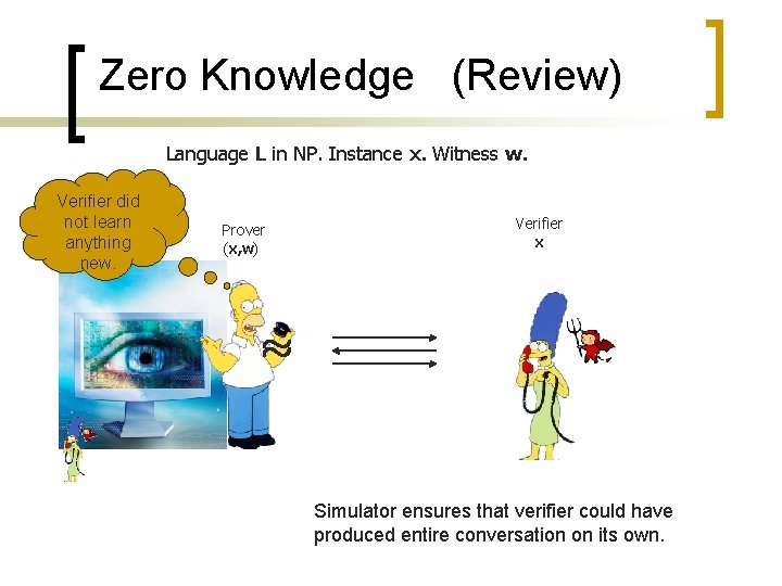 Zero Knowledge (Review) Language L in NP. Instance x. Witness w. Verifier did Simulator