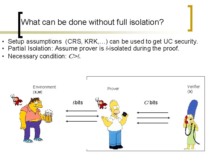 What can be done without full isolation? • Setup assumptions (CRS, KRK, …) can