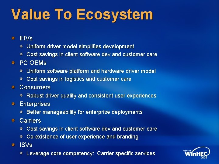 Value To Ecosystem IHVs Uniform driver model simplifies development Cost savings in client software