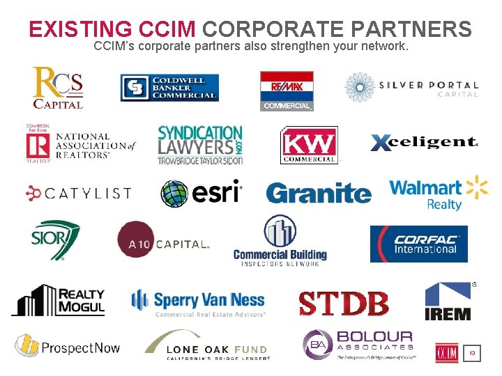 EXISTING CCIM CORPORATE PARTNERS CCIM’s corporate partners also strengthen your network. 13 