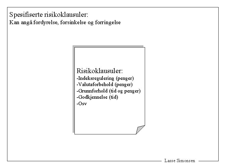 Spesifiserte risikoklausuler: Kan angå fordyrelse, forsinkelse og forringelse Risikoklausuler: -Indeksregulering (penger) -Valutaforbehold (penger) -Grunnforhold