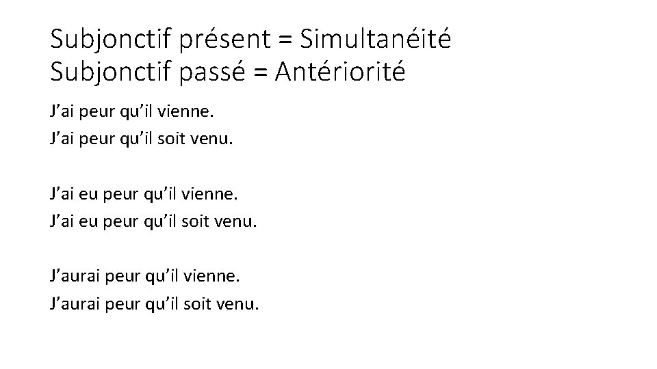 Subjonctif présent = Simultanéité Subjonctif passé = Antériorité J’ai peur qu’il vienne. J’ai peur