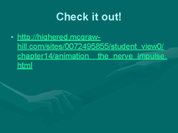 Check it out! • http: //highered. mcgrawhill. com/sites/0072495855/student_view 0/ chapter 14/animation__the_nerve_impulse. html 