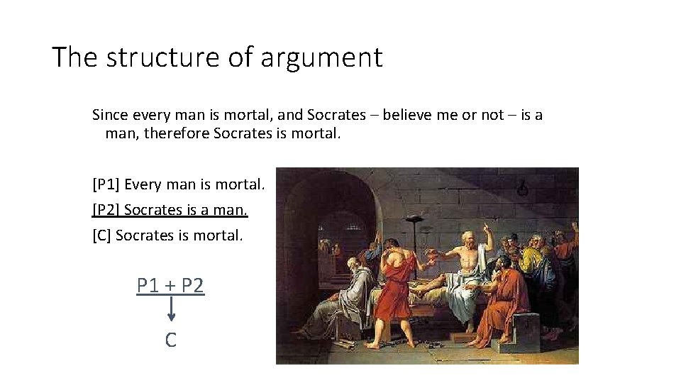 The structure of argument Since every man is mortal, and Socrates – believe me