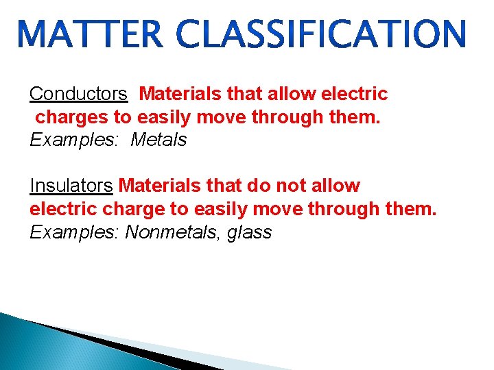 Conductors Materials that allow electric charges to easily move through them. Examples: Metals Insulators