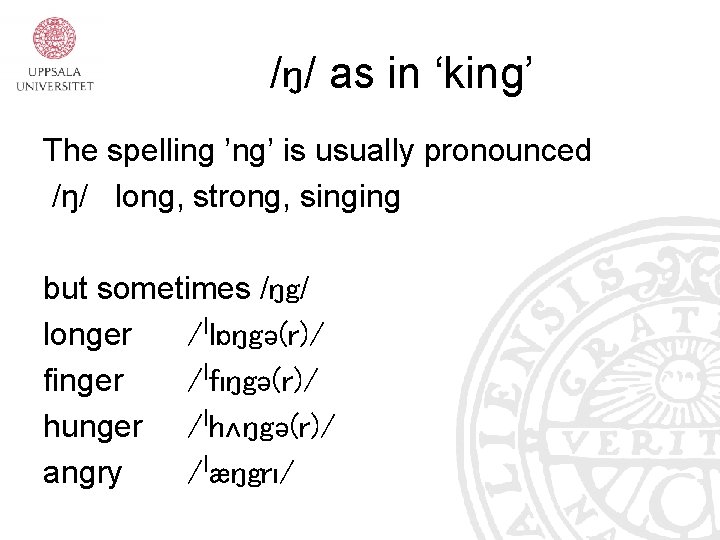 /ŋ/ as in ‘king’ The spelling ’ng’ is usually pronounced /ŋ/ long, strong, singing