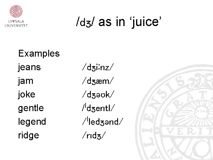 /dʒ/ as in ‘juice’ Examples jeans jam joke gentle legend ridge /dʒiːnz/ /dʒæm/ /dʒəʊk/