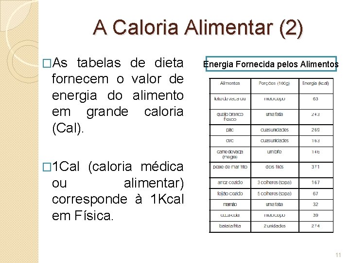 A Caloria Alimentar (2) �As tabelas de dieta fornecem o valor de energia do