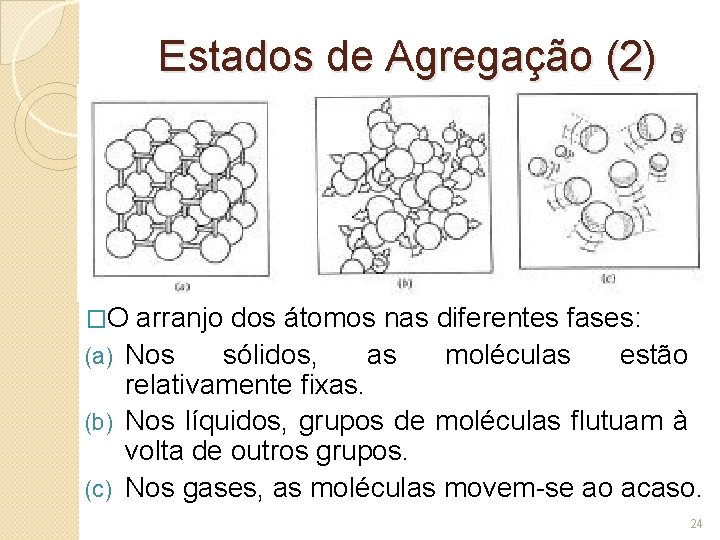Estados de Agregação (2) �O arranjo dos átomos nas diferentes fases: (a) Nos sólidos,