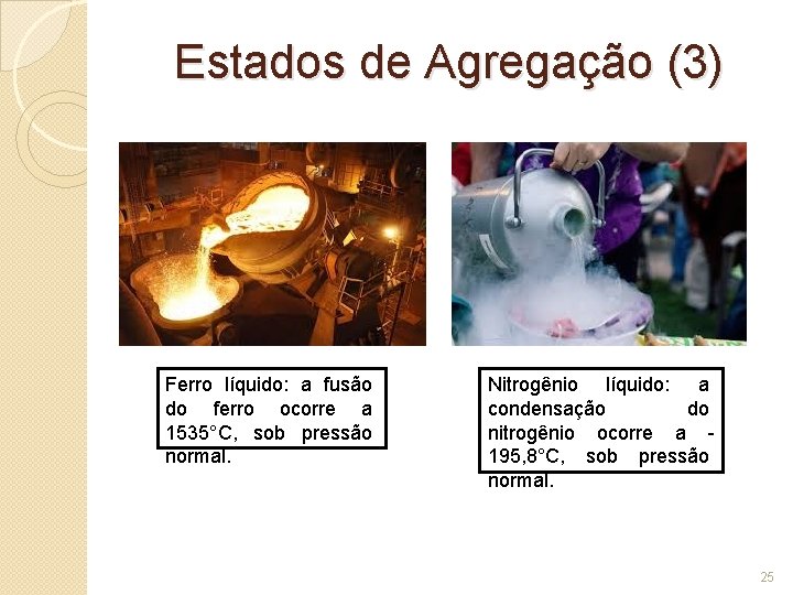 Estados de Agregação (3) Ferro líquido: a fusão do ferro ocorre a 1535°C, sob