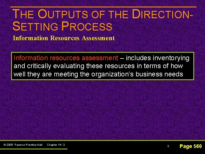 THE OUTPUTS OF THE DIRECTIONSETTING PROCESS Information Resources Assessment Information resources assessment – includes