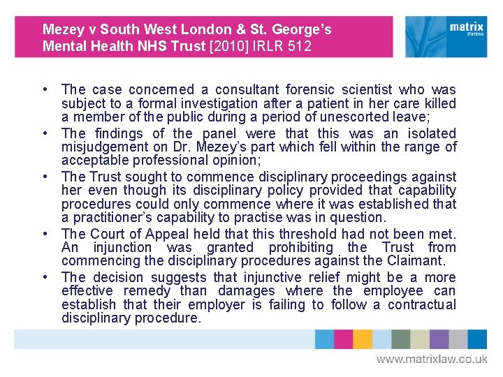 Mezey v South West London & St. George’s Mental Health NHS Trust [2010] IRLR