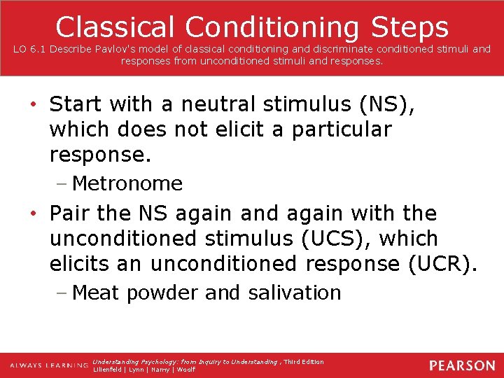 Classical Conditioning Steps LO 6. 1 Describe Pavlov's model of classical conditioning and discriminate