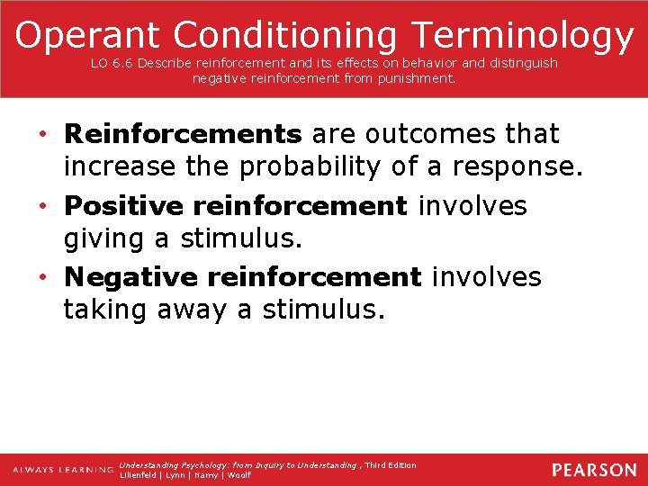 Operant Conditioning Terminology LO 6. 6 Describe reinforcement and its effects on behavior and