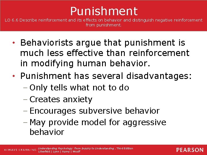 Punishment LO 6. 6 Describe reinforcement and its effects on behavior and distinguish negative