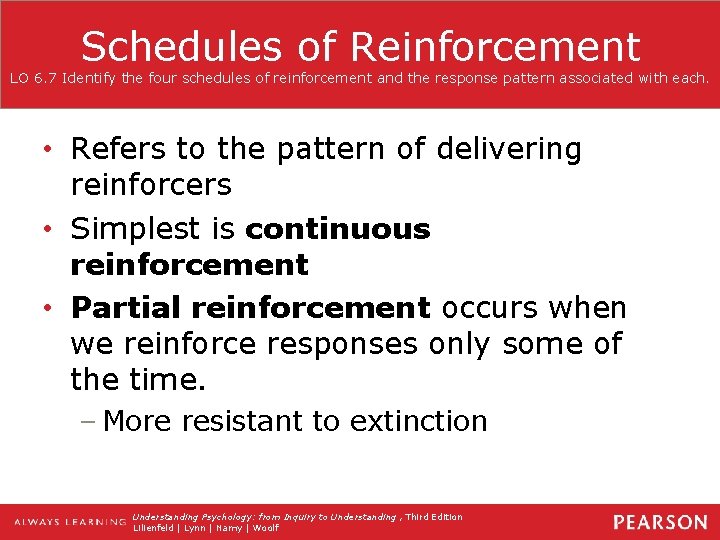 Schedules of Reinforcement LO 6. 7 Identify the four schedules of reinforcement and the