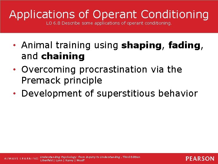 Applications of Operant Conditioning LO 6. 8 Describe some applications of operant conditioning. •